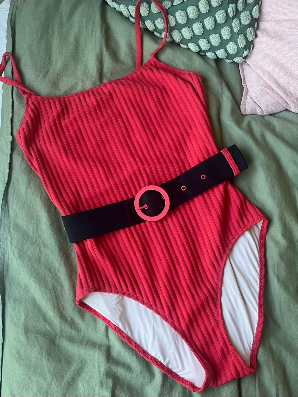 Solid & Striped Ribbed Belted One-Piece Swimsuit | Size Medium